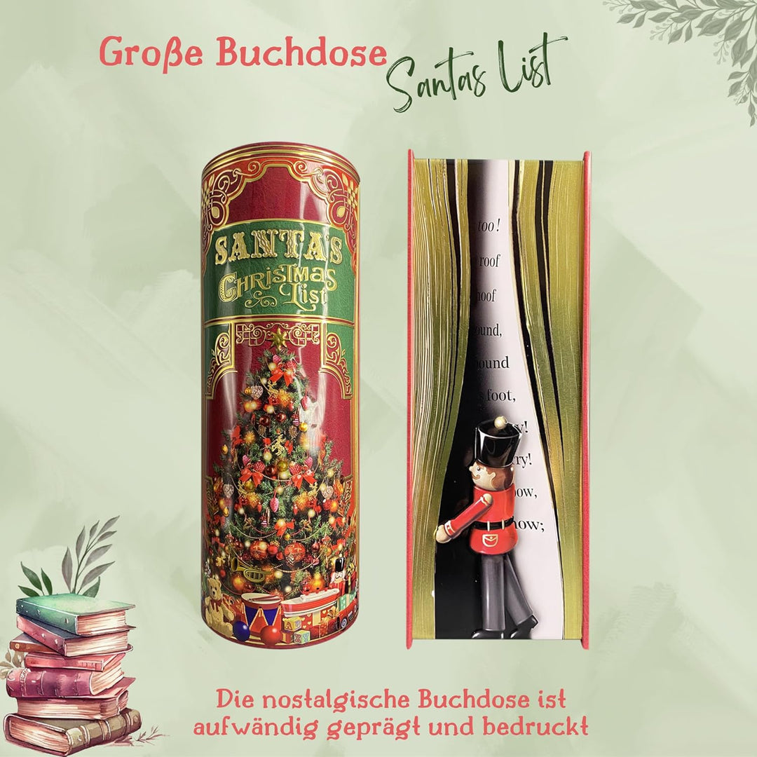 Grosse Buchdose Santa´s List - aufwändig geprägt und bedruckt. Der Weihnachtsmann bereitet sich vor