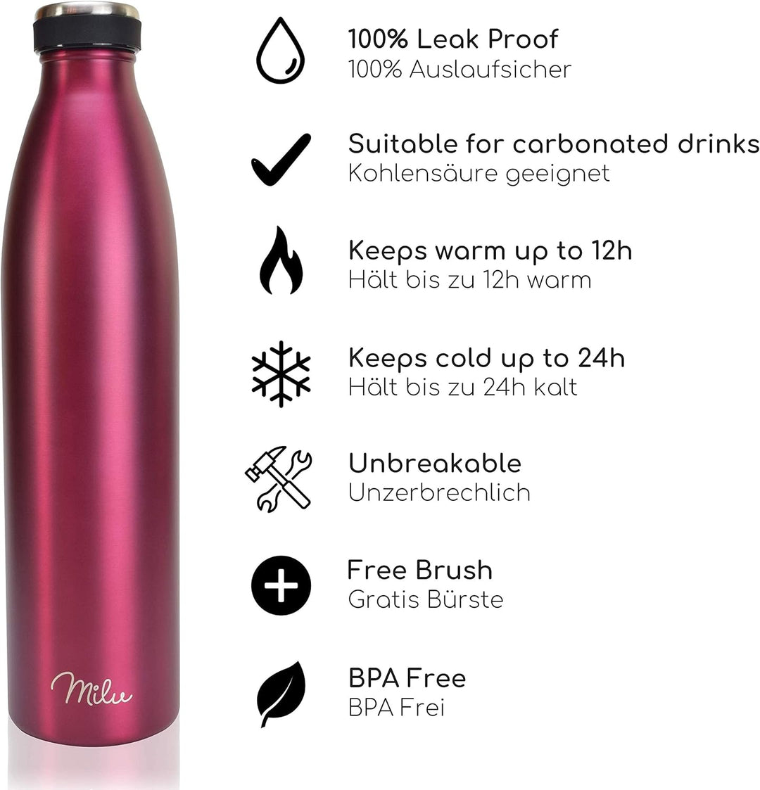 Milu Edelstahl Trinkflasche 350ml, 500ml, 750ml, 1000ml, 1.5L – Thermosflasche, Isolierte Wasserflas