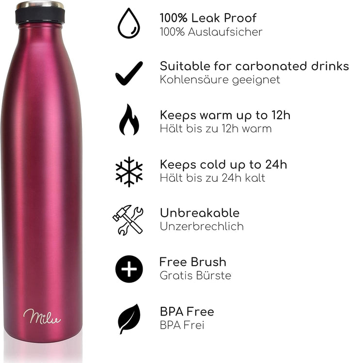 Milu Edelstahl Trinkflasche 350ml, 500ml, 750ml, 1000ml, 1.5L – Thermosflasche, Isolierte Wasserflas