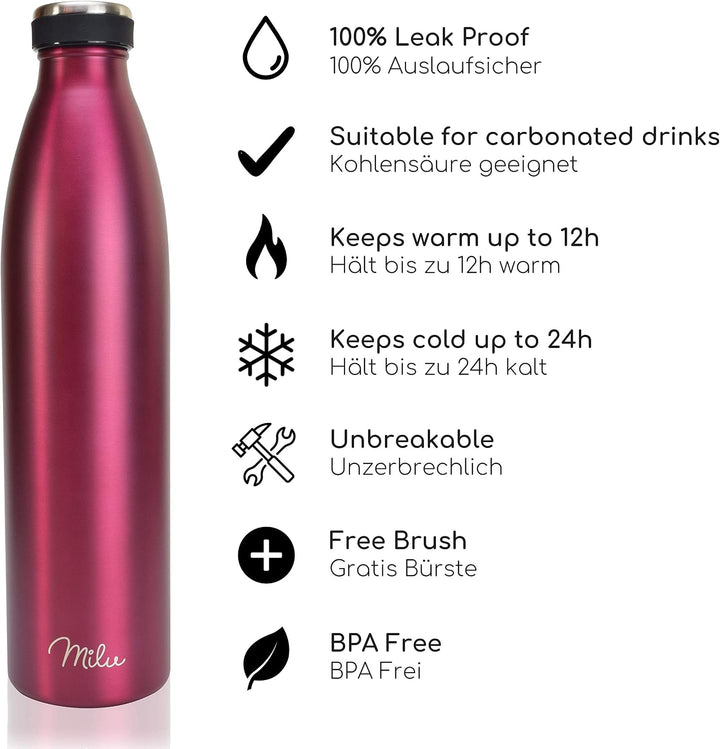 Milu Edelstahl Trinkflasche 350ml, 500ml, 750ml, 1000ml, 1.5L – Thermosflasche, Isolierte Wasserflas