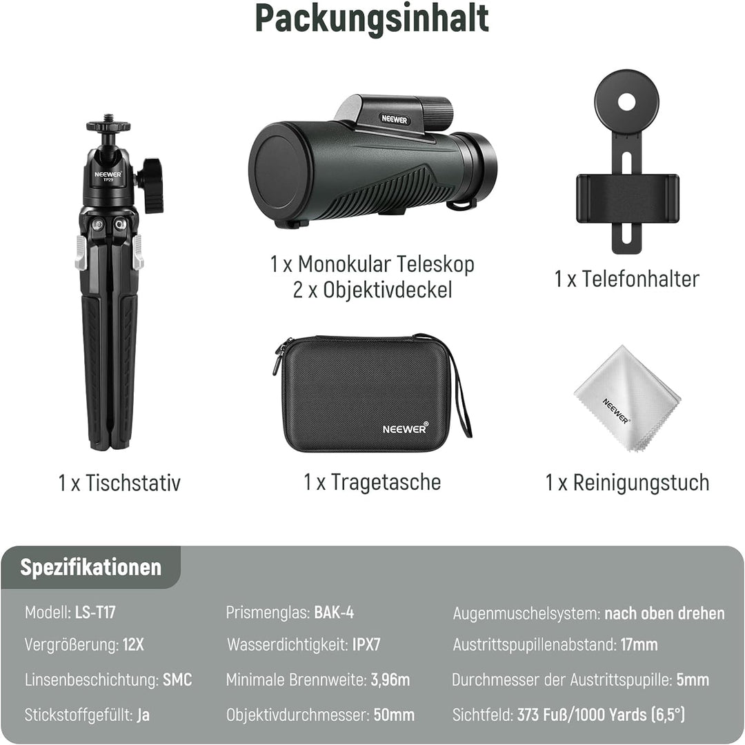 NEEWER 12x50 ED Monokular Teleskop,handy teleobjektiv mit Handy Clip/Metall Stativ/Tasche,IPX7 wasse