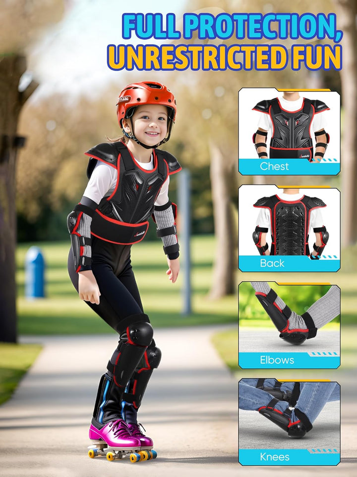 JUSTDOLIFE 5 Stück Motorrad Schutz Jacke, Motorrad-Rüstungsset für Kinder Jugend-Motocross Schutzkle