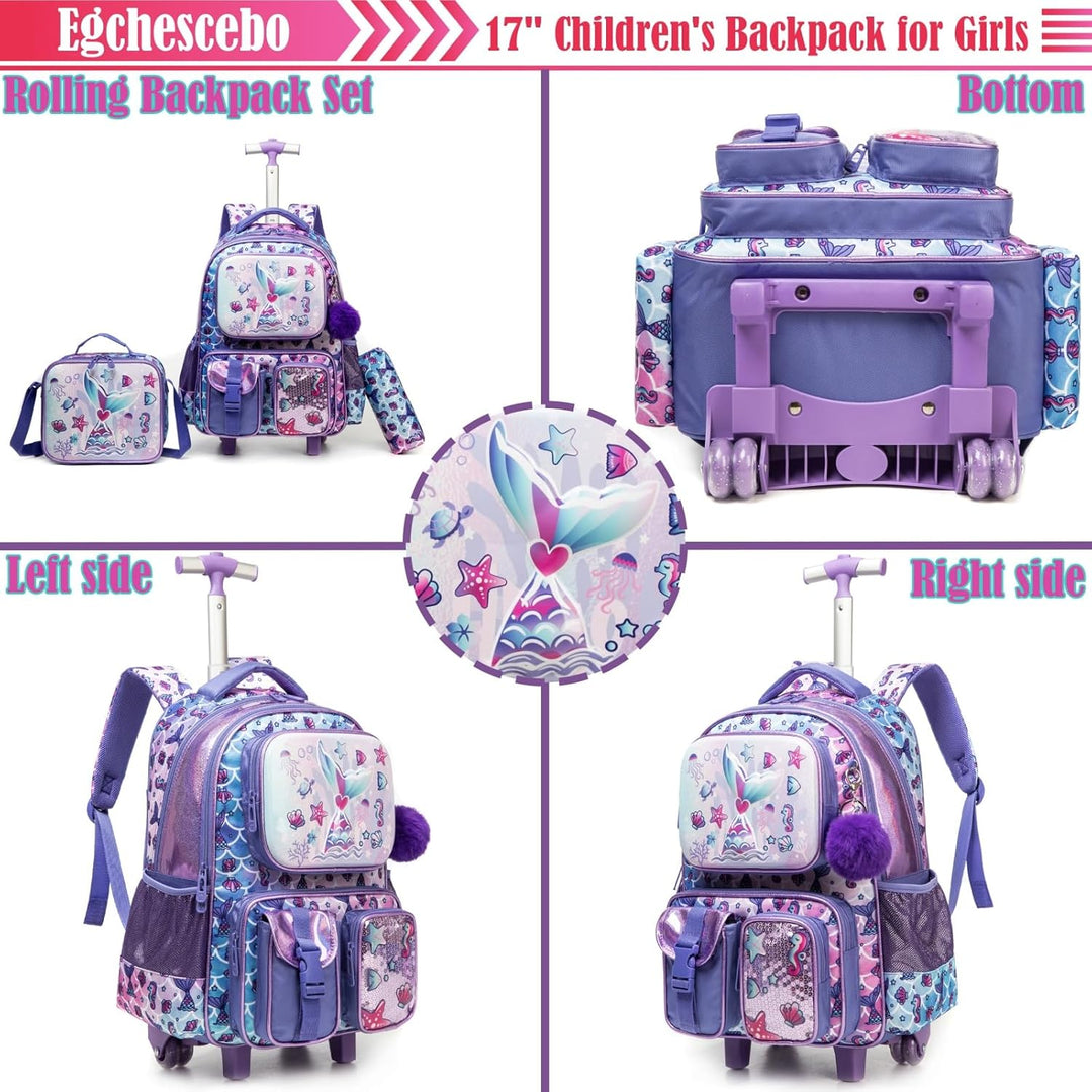 Egchescebo Kinder Rolling Rucksack für Mädchen Fischschwanz Koffer Trolley Roller Gepäck Rucksäcke a