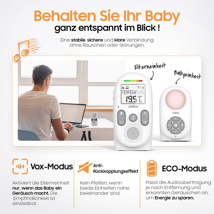 CHILLAX - Audio-Babyphone CB260 - DECT - LCD Display - VOX & Eco Modus - Temperatursensor - Gegenspr
