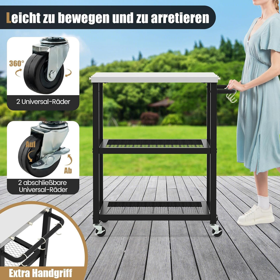 COSTWAY Grillwagen Outdoor, Grilltisch mit 3 Ablagen & 4 Rädern & Griff & 3 Haken, Pizzatisch Beiste