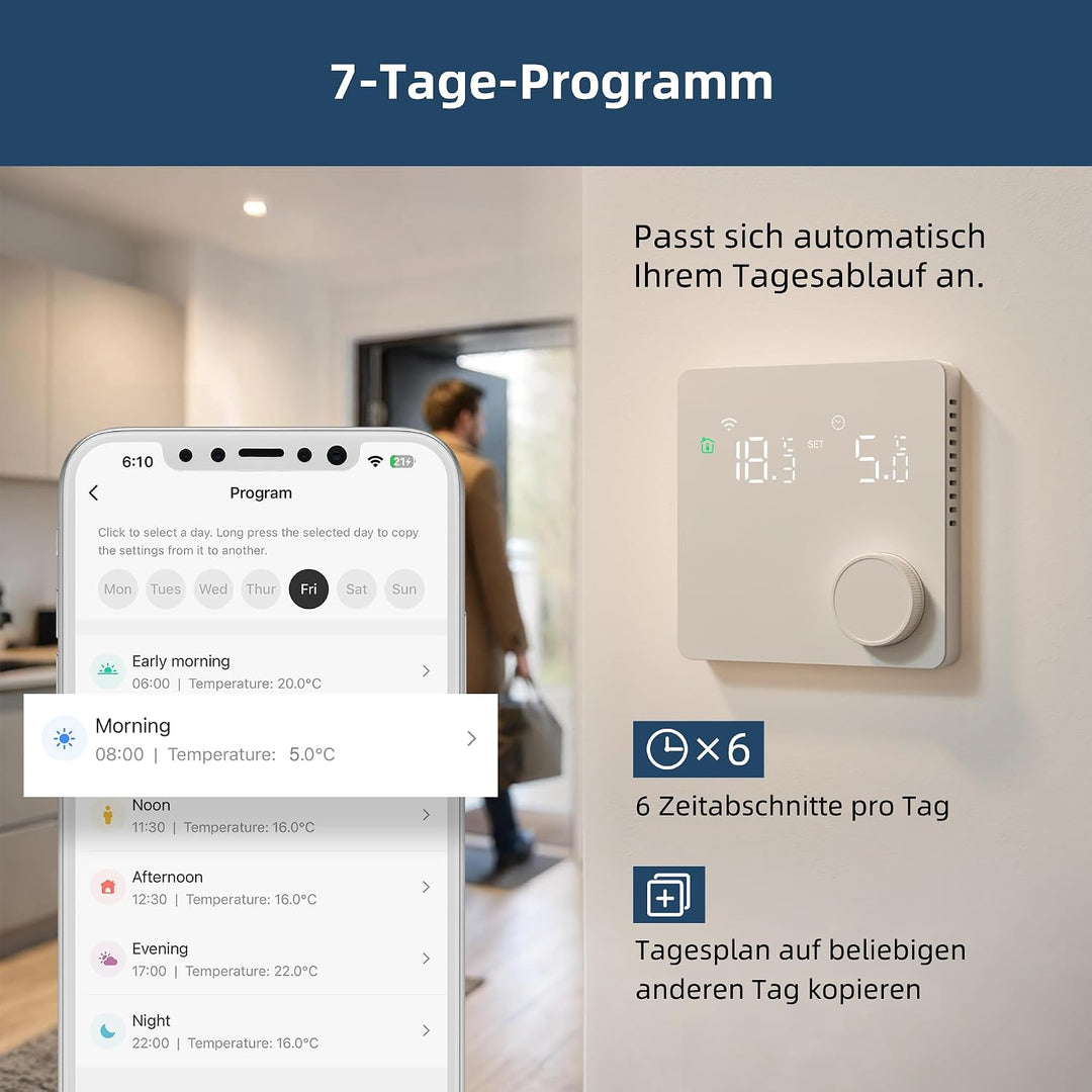 Beok Fussbodenheizung Thermostat Digital, WiFi Wasser Fussbodenheizung Smart Raumthermostat Tagespro
