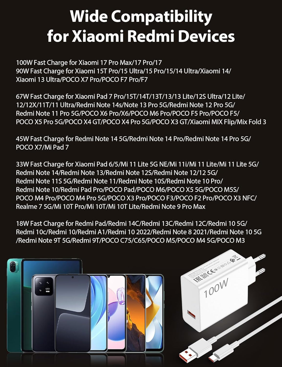 100W USB C Ladegerät für Xiaomi Poco F8 Pro M8Pro F8 Ultra X8 Pro Max,USB Netzteil 100W für Hyper-Ch