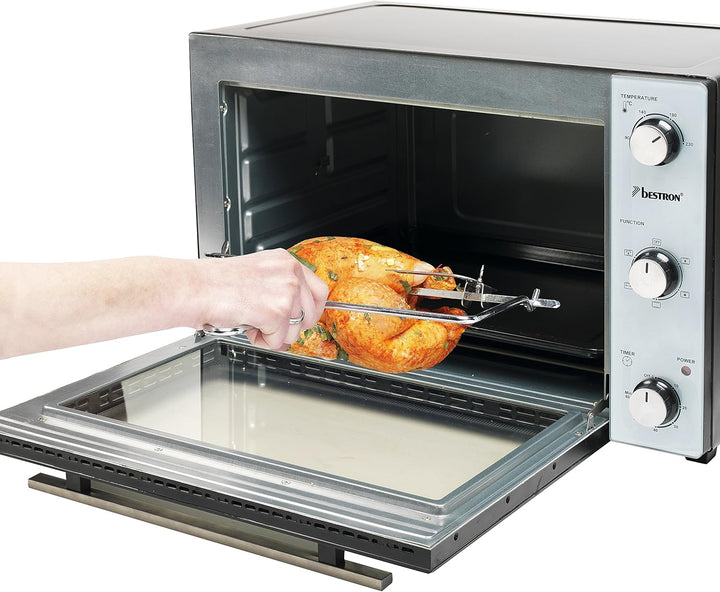 Bestron AOV55 2-in-1 Mini-Backofen mit Drehspiess, 55 Liter, 2000 W, Edelstahl, Schwarz 55 Liter Min