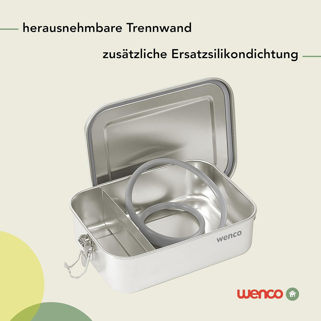 wenco Lunchbox Edelstahl Gross mit 1100ml Füllmenge – Brotdose mit Fächern, Entfernbare Trennwand un