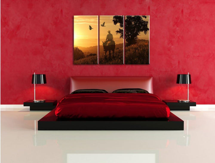Pixxprint EIN Cowboy im Sonnenuntergang als Leinwandbild | Grösse: 3 Teilig (120x80) | Wandbild| Kun