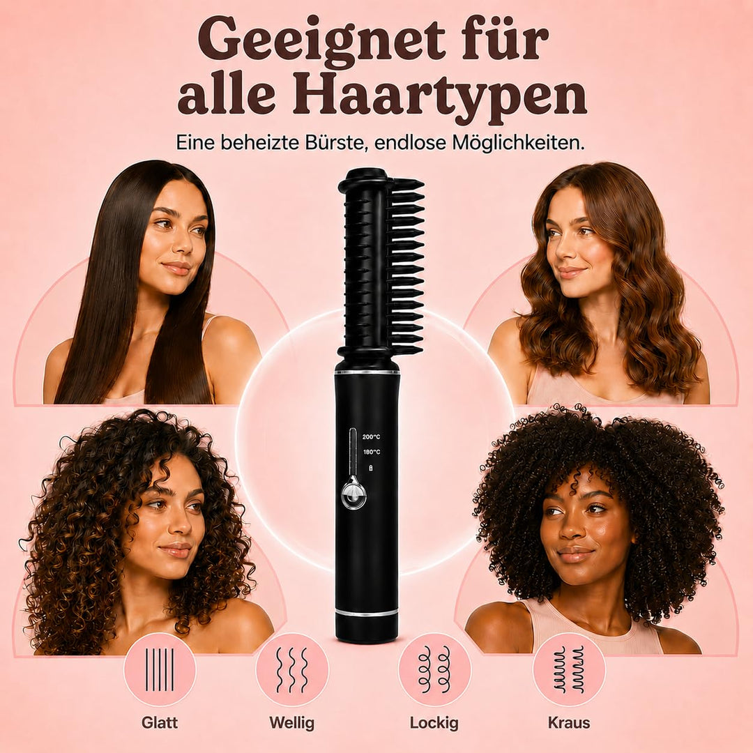 Mini Haarglätter Kabellos | Reiseglätteisen | Stylingbürste mit Keramikbeschichtung | 2 Wärmestufen