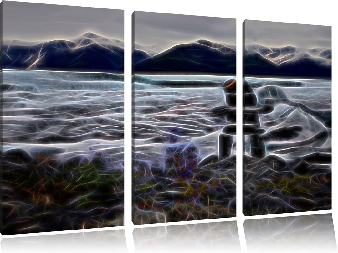 Steinmenschskulptur in winterlicher Landschaft NewArt 3-Teiler Leinwandbild 120x80 Bild auf Leinwand