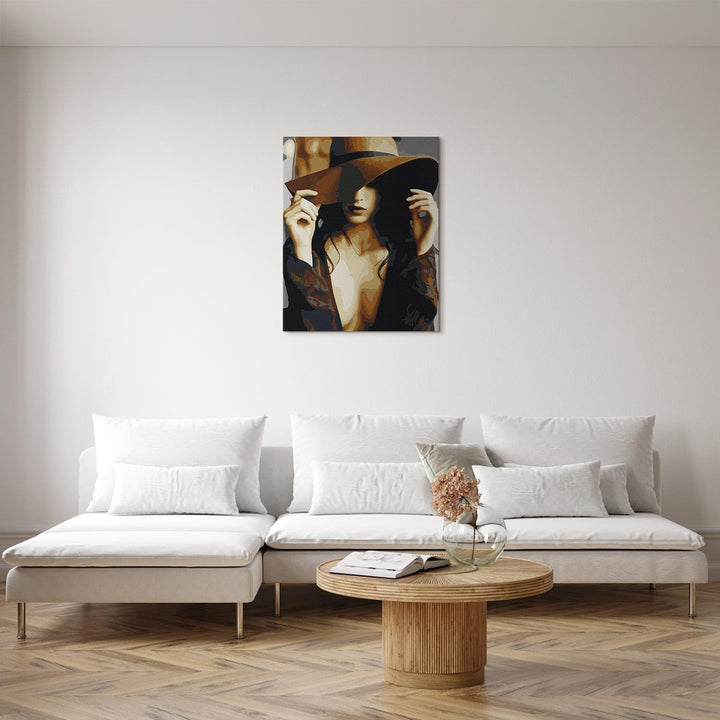 murando - Malen nach Zahlen Frau mit Hut Körper Porträt 40x60 cm Malset mit Holzrahmen auf Leinwand