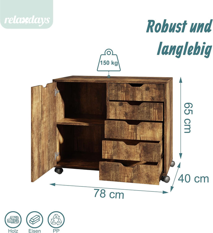 Relaxdays Rollcontainer, 5 Schubladen & 2 Fächer, HBT: 65x78x40 cm, Büroschrank, Aktenschrank mit Ro