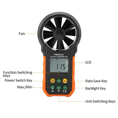 Handheld Digital Anemometer PM6252A Windgeschwindigkeitsmesser Luftmengenmesser mit LCD-Display-Hint