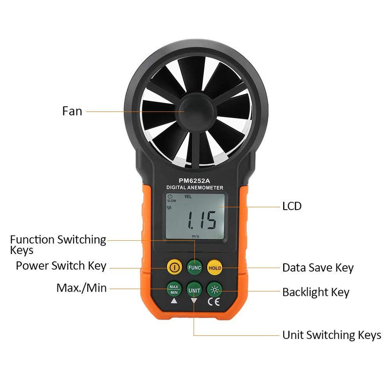 Handheld Digital Anemometer PM6252A Windgeschwindigkeitsmesser Luftmengenmesser mit LCD-Display-Hint