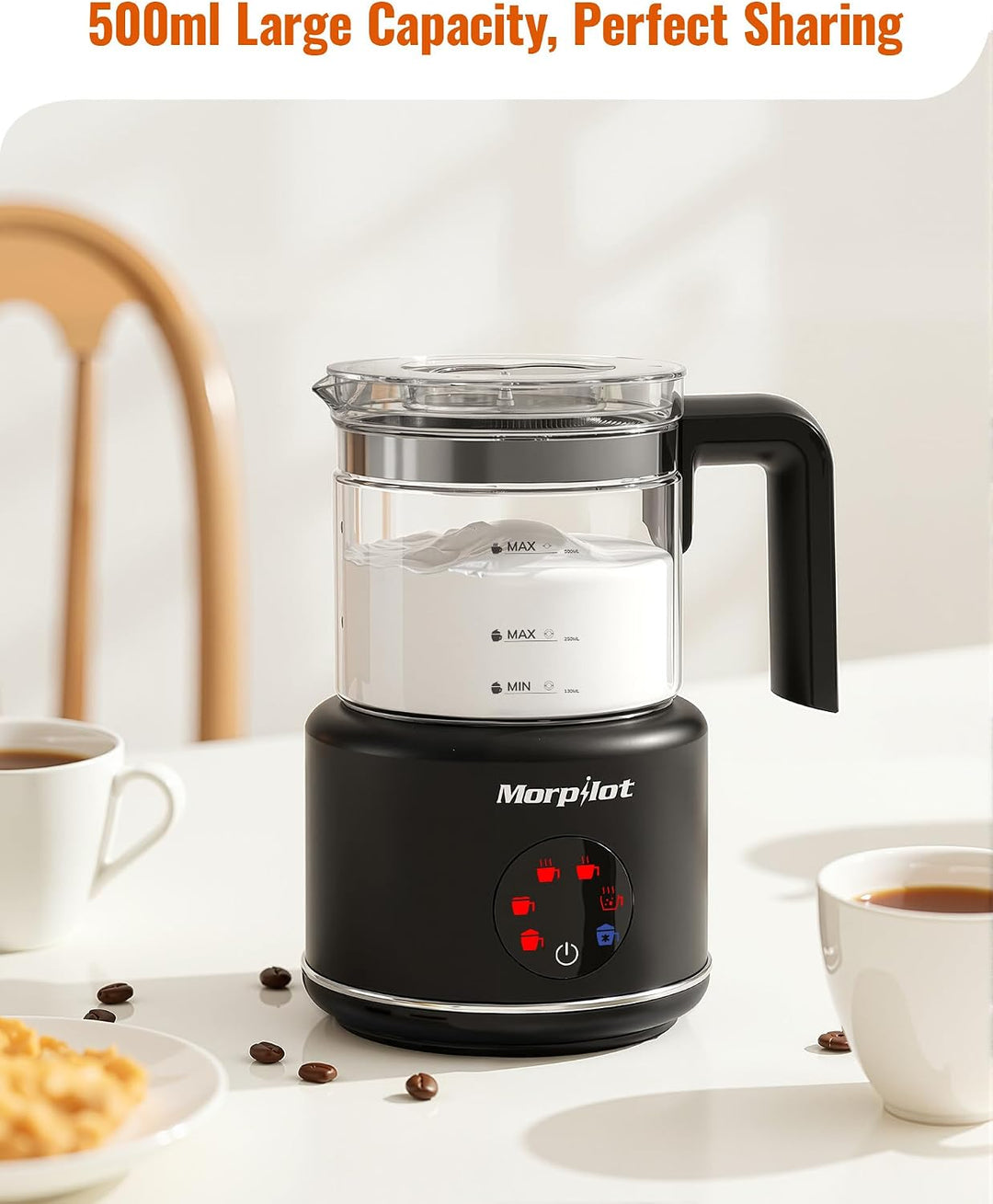 Morpilot Elektrischer Milchaufschäumer 250ml Schwarz, 250ml Schwarz
