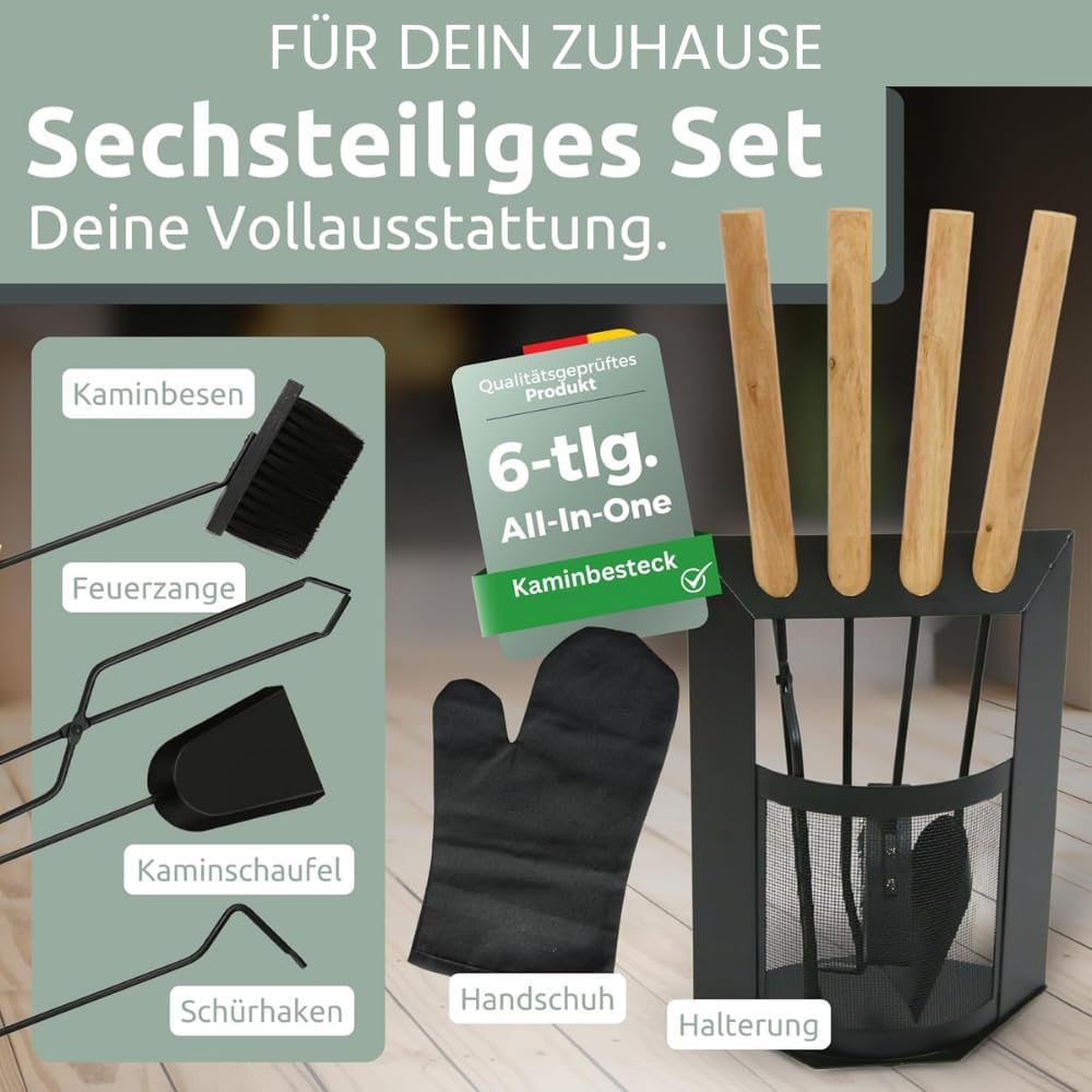 Kaminbesteck modern THEO | 6-teilig mit Holzgriff | Schürhaken Besen Ascheschaufel | Kamingarnitur S