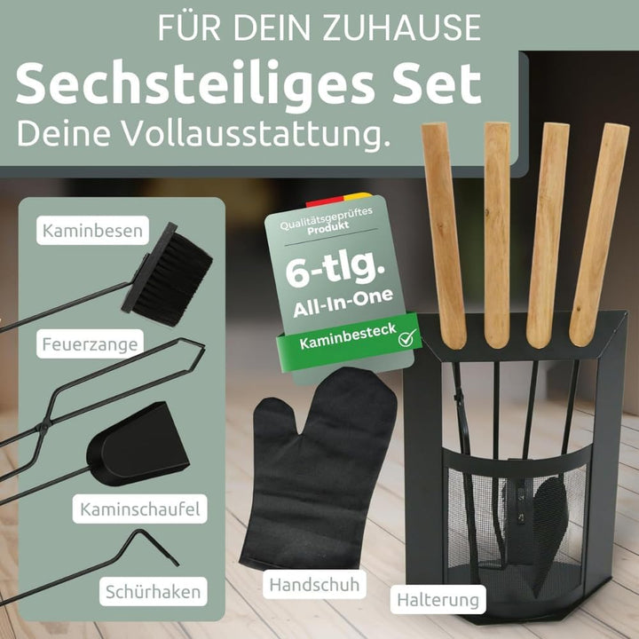 Kaminbesteck modern THEO | 6-teilig mit Holzgriff | Schürhaken Besen Ascheschaufel | Kamingarnitur S