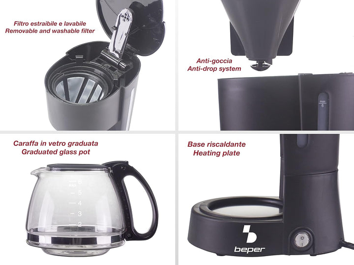 BEPER BC.060 Black Drip Coffee Maker, 6 Cups, Drip, Negro, Onesize, BC.060/BK 600 ml, 600 ml