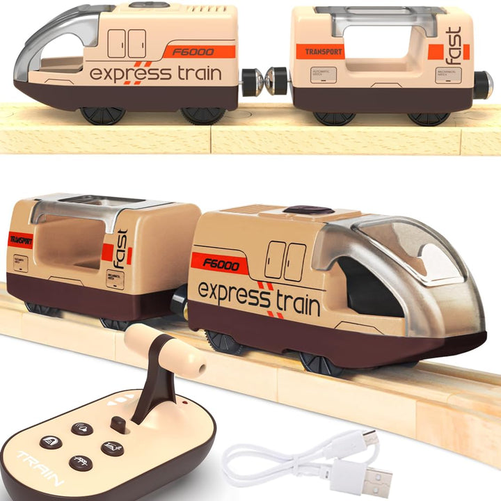 TOPLIVING Elektroeisenbahn für Holzschienen, ferngesteuerte Spielzeugeisenbahn, Motorisierte Eisenba