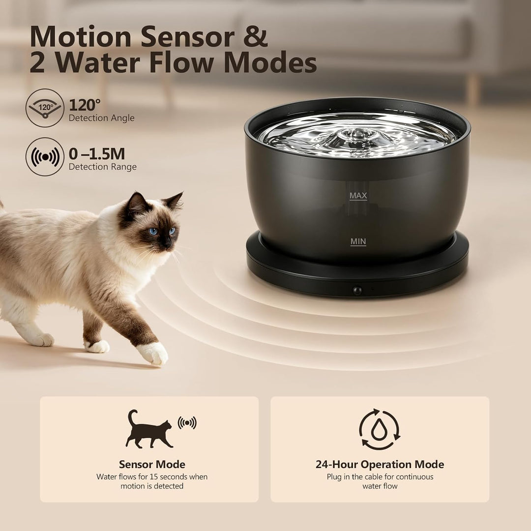3L Trinkbrunnen für Katze Kabellos, 4000mAh Akku, 25dB Leise Pumpe | Katzenbrunnen mit Bewegungsmeld