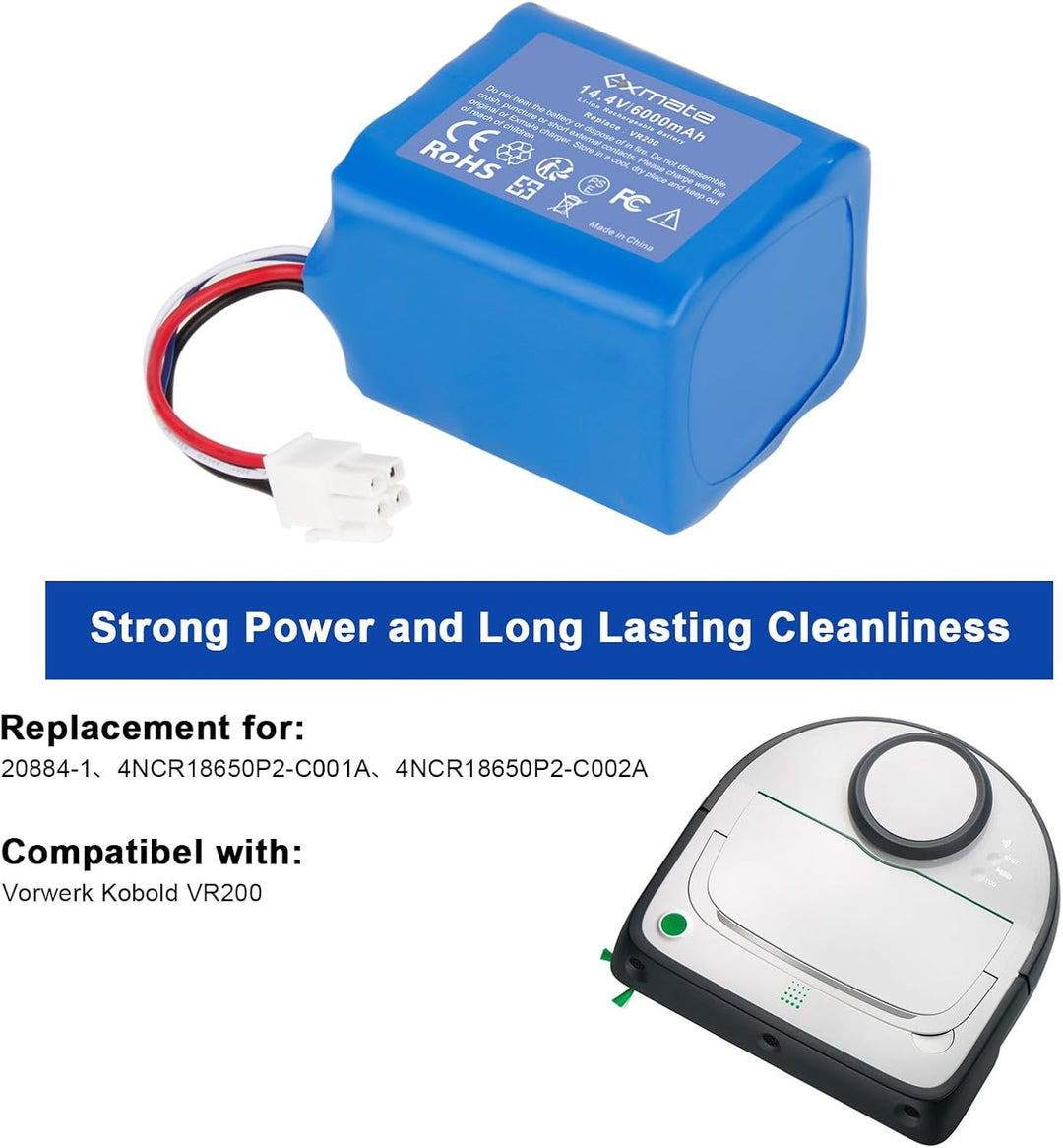 Exmate 14,4V 6000mAh Li-Ion Ersatzbatterien für Vorwerk Kobold VR200 Staubsauger Home Cleaner Heimro