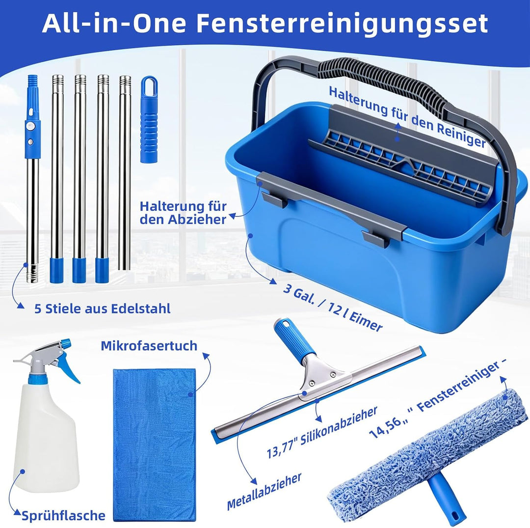 Fensterreiniger Set, Fensterreiniger mit 200CM Teleskopstiel Fensterwischer,12L Eimer 35CM Silikonab