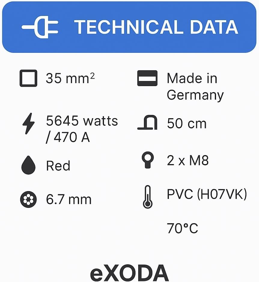 eXODA Batteriekabel 35 mm² 50cm mit Kabelschuhen M8 Rot für Auto Boot Motorrad hohe Materialqualität