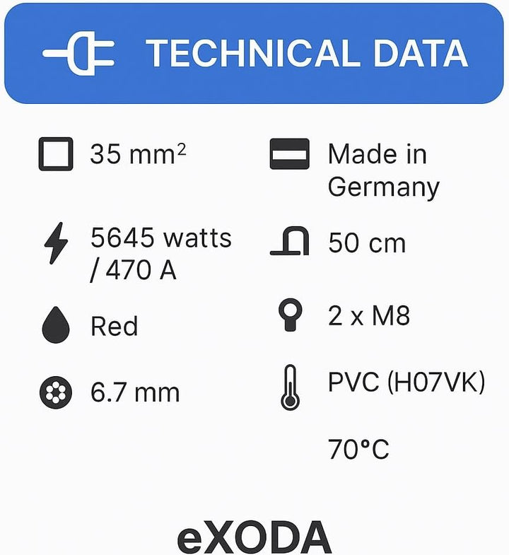 eXODA Batteriekabel 35 mm² 50cm mit Kabelschuhen M8 Rot für Auto Boot Motorrad hohe Materialqualität