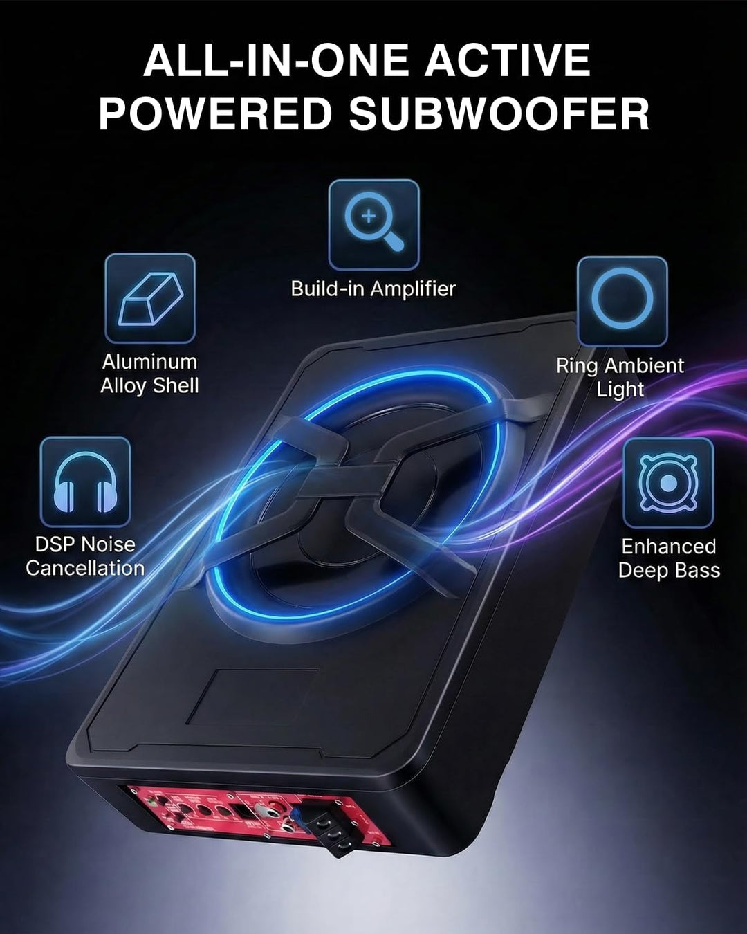 Aktiver Subwoofer für Auto, Passt unter Sitze, Maximale Leistung 1200 W, 10 Zoll, mit Umgebungsbeleu