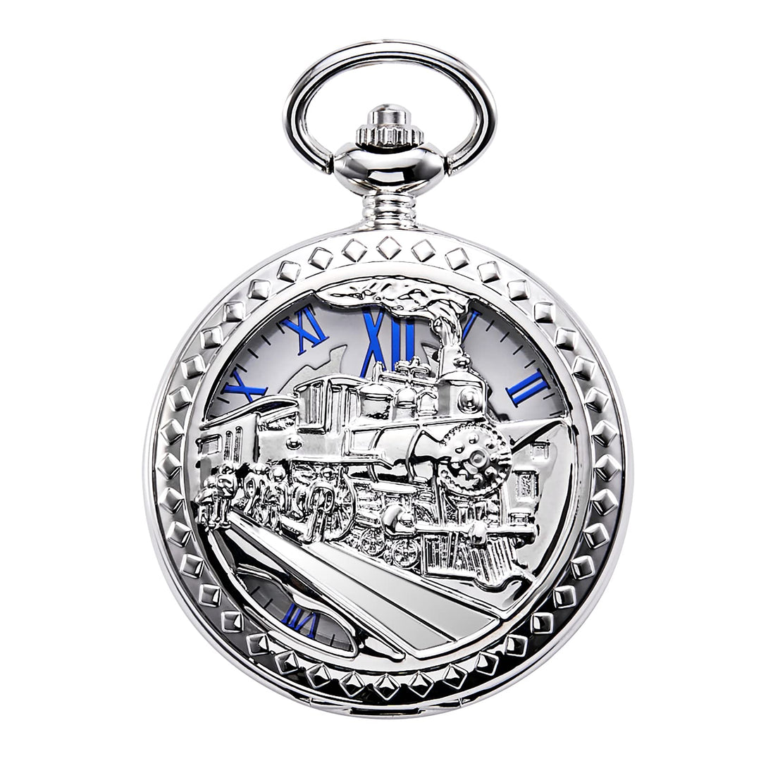 TREEWETO Antique Mens Pocket Watch Skeleton Mechanical Hollow Bronze Case 3D Steam Train Railroad Ro