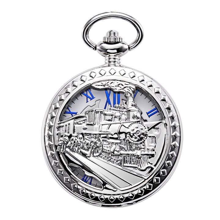 TREEWETO Antique Mens Pocket Watch Skeleton Mechanical Hollow Bronze Case 3D Steam Train Railroad Ro
