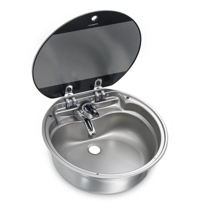 DOMETIC SNG 420 Runde Spüle mit Glasabdeckung, Ø 420 mm, Waschbecken, Edelstahl, Runde Spüle mit Gla