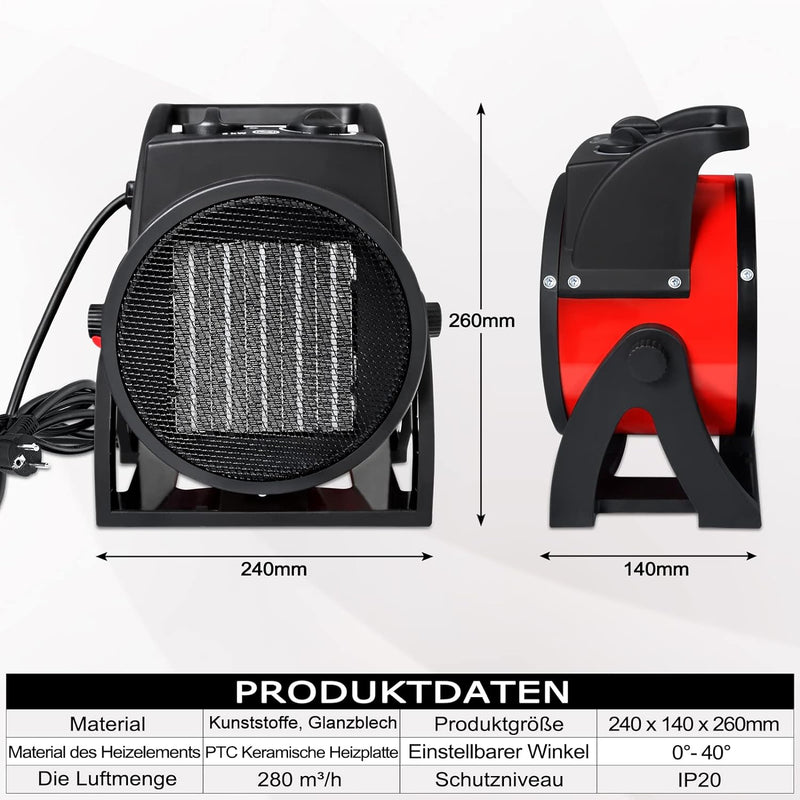 AufuN 3000 Watt Elektroheizer Heizlüfter Bauheizer, Keramik Heizstrahler mit Thermostat mit 3 Heizst