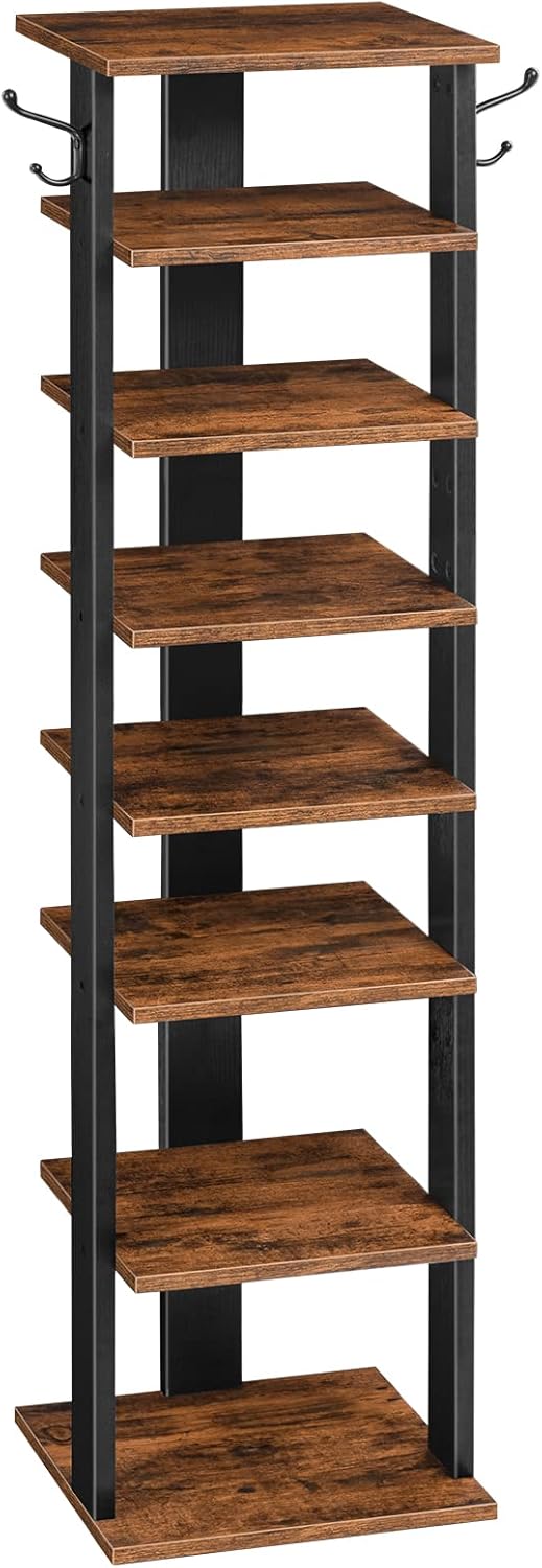 HOOBRO 8-lagiges Schuhregal, schmales Schuhablage, Schuhschrank mit 2 Haken, Ablagegestelle, platzsp