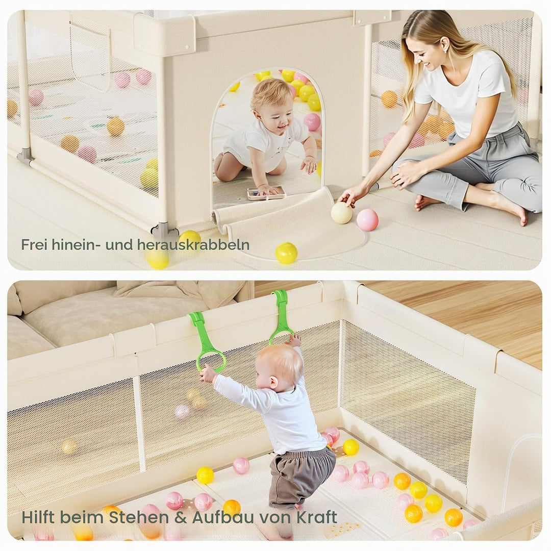 Laufstall Baby mit Matratze - 150×180cm Grosser Baby Laufstall mit Netzseiten, Laufstall XXL mit rut