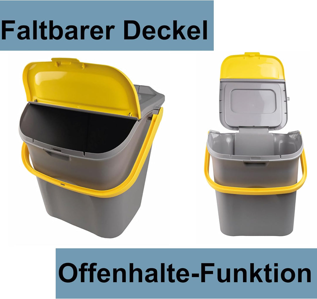Hummelladen Stapelbarer Müllsortierer 28 Liter Grau mit Gelbem Faltdeckel 39x37x41 cm Mülleimer Müll