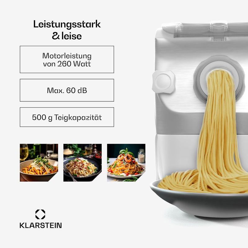 Klarstein Pastamania Nudelmaschine Elektrisch – 260 W Vollautomatische Pastamaschine mit 7 Aufsätzen