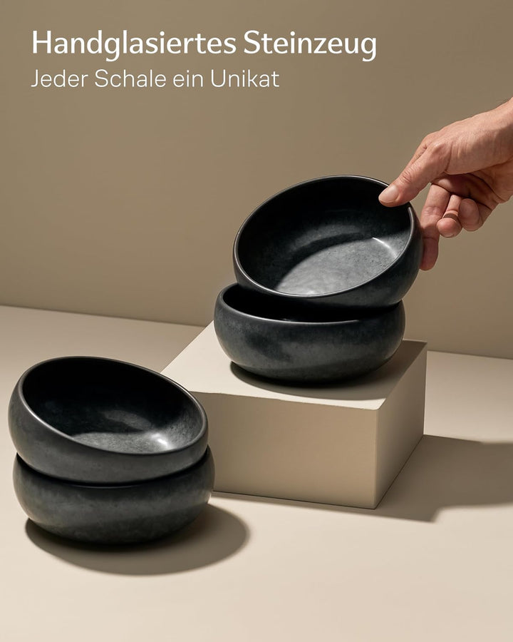 Cosumy 4 Tiefe Teller aus Steingut 750 ml – Handgefertigte Geschirrset Schwarz – Geschirr Set Modern