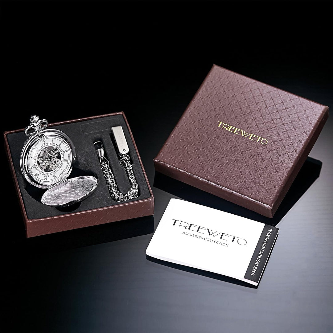 TREEWETO Unisex Taschenuhr mit Kette Analog Handaufzug Skelett Römische Ziffern Silber
