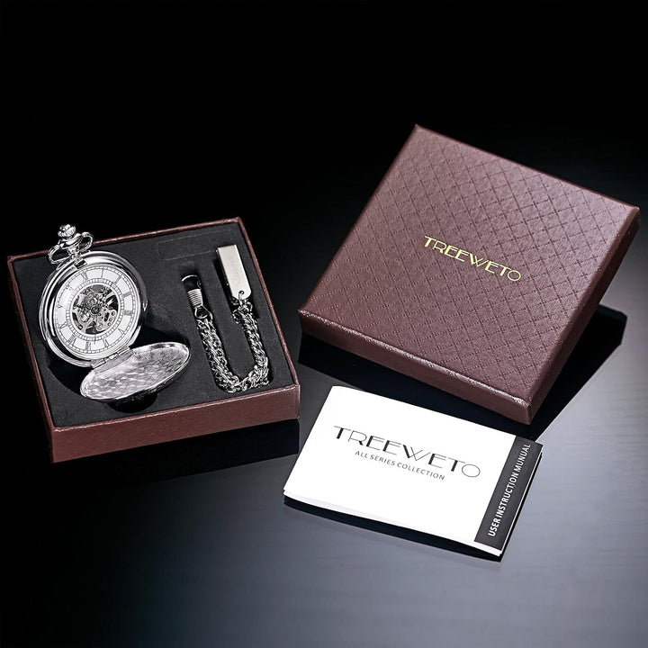 TREEWETO Unisex Taschenuhr mit Kette Analog Handaufzug Skelett Römische Ziffern Silber