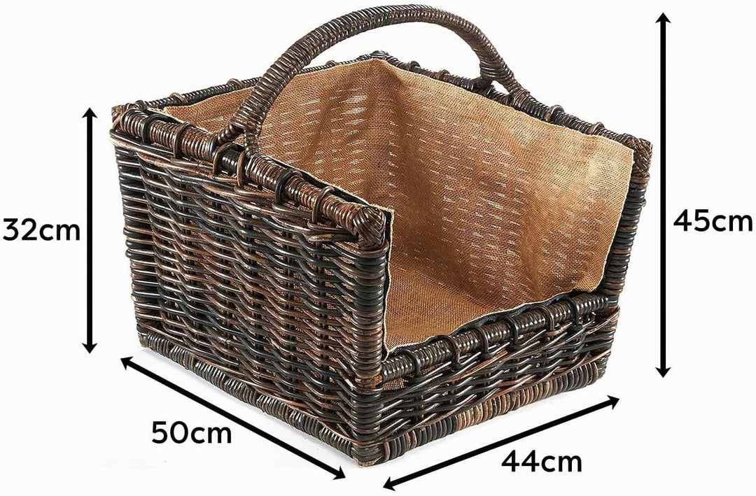 Kobolo Kaminholzkorb Holztrage Holzkorb für Kaminholz Rattan grau mit abnehmbarem Leinenstoff