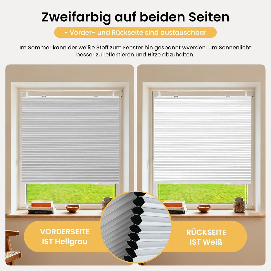 BelleMax Plissee Verdunklung Klemmfix Wabenplissee ohne Bohren Hellgrau-Weiss 40x100cm(BxH), Thermo