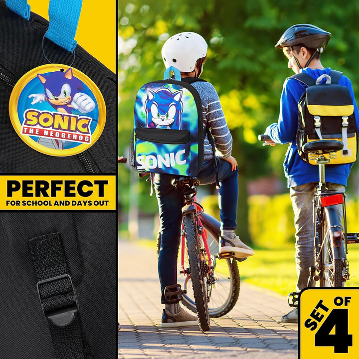 SONIC THE HEDGEHOG Schulrucksack Jungen Set, 4 STK. Rucksack Kinder Set Shadow Knuckles Trinkflasche