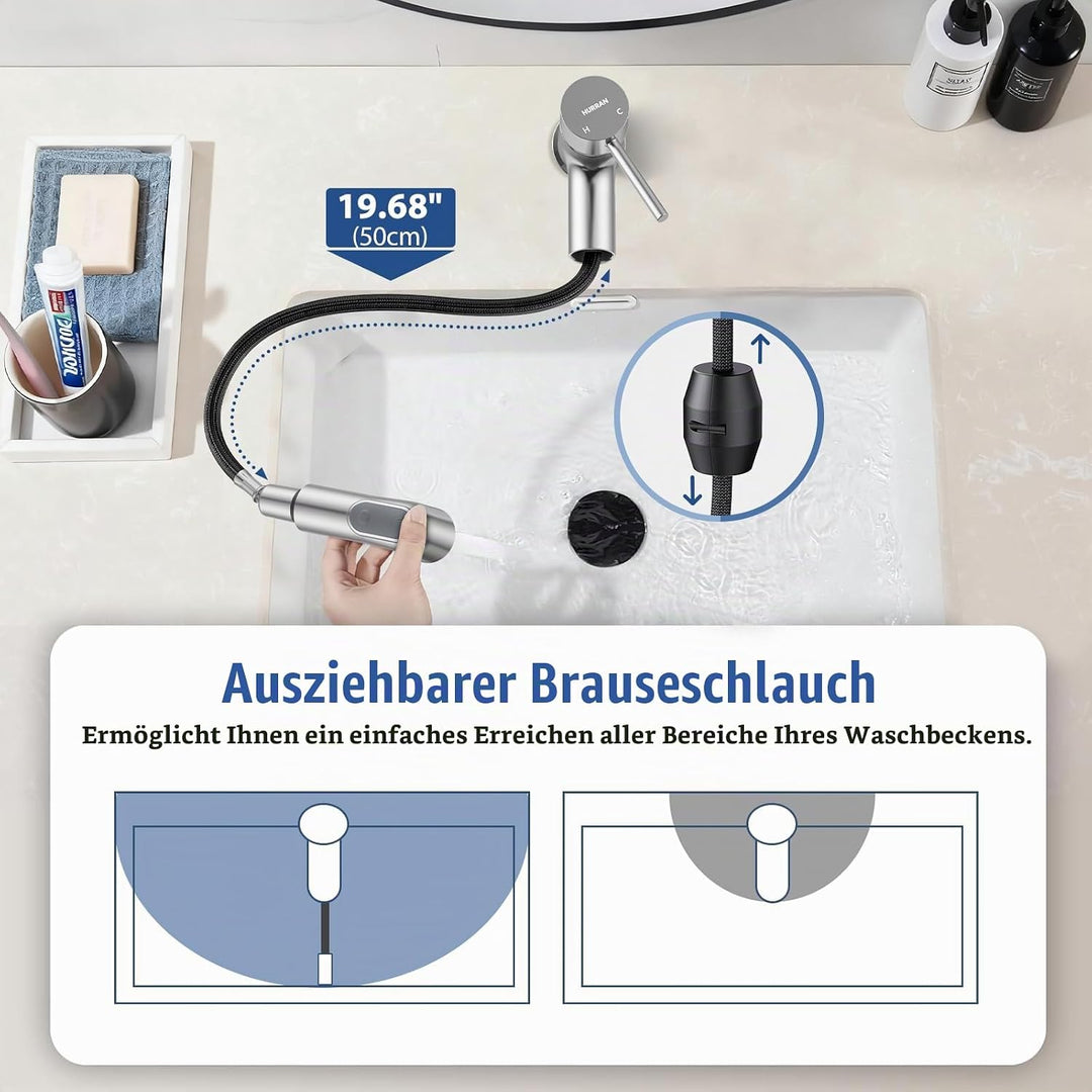 HURRAN Ausziehbare Wasserhahn Bad, Einhebelmischer für Waschbecken, Niedrig Waschtischarmatur mit 2