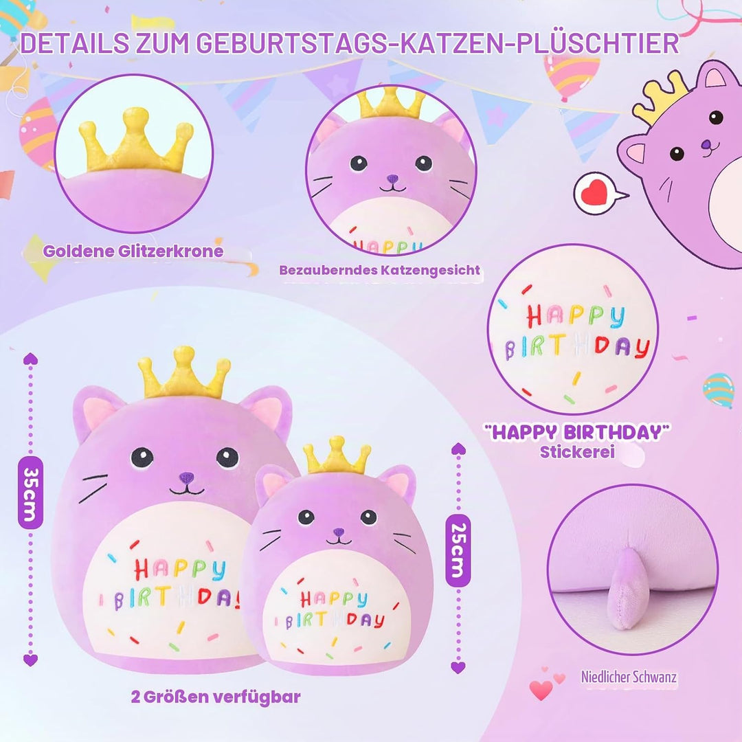 SQEQE Happy Birthday Stuffed Animal 10" Cat Soft Toys with Crown Cute Plush Pillow Cat Plush Toy for