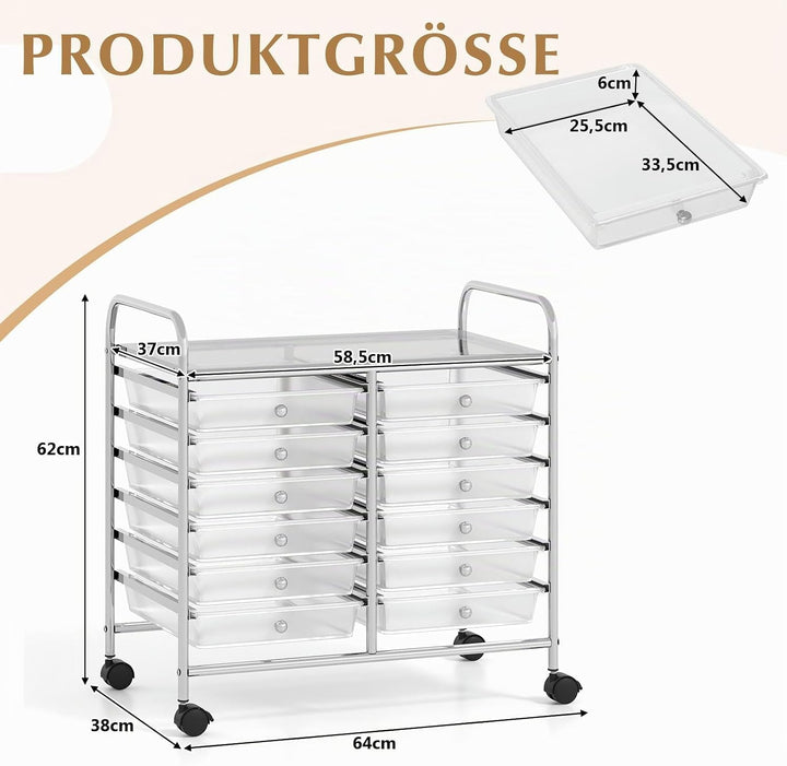COSTWAY Rollwagen mit 12 stapelbaren Schubladen, Schubladenwagen Rollcontainer mit Metallgestell &amp; A