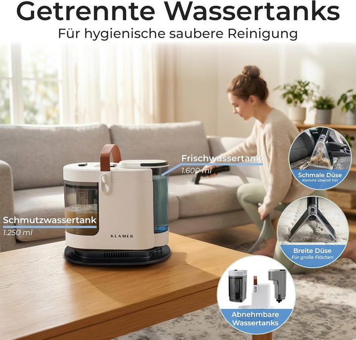 KLAMER Polsterreiniger Gerät 500W, Waschsauger Nasssauger, 2-Tank-System 1,6 L, 15 kPa, Sprüh & Saug