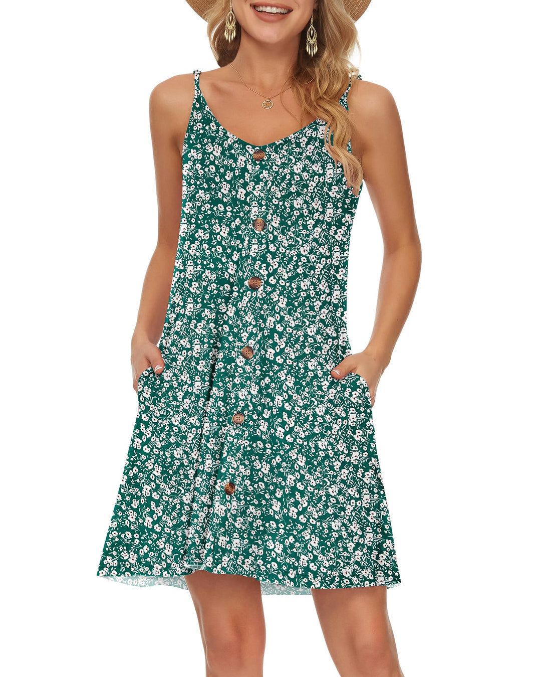 WNEEDU Damen Kleid Sommer Spaghettiträger Sommerkleid Kurze Strandkleider V Ausschnitt Leichte Freiz